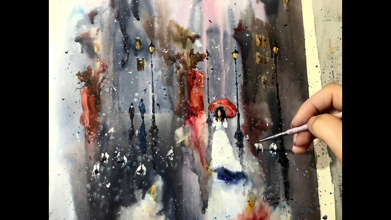 "Red umbrella" Watercolor professional painting - wet on wet technique - Iulia Carchelan