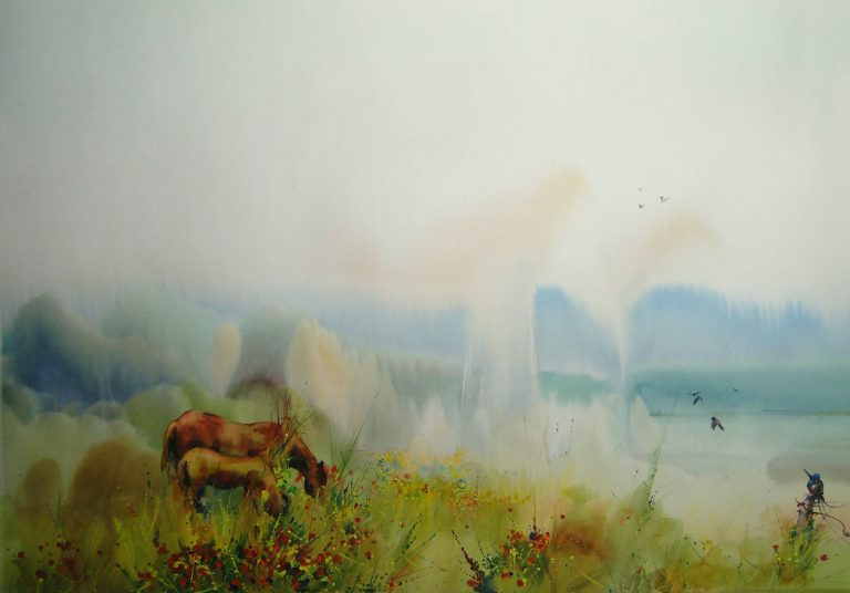 Landscape with Horses in Sunrise - 21x32